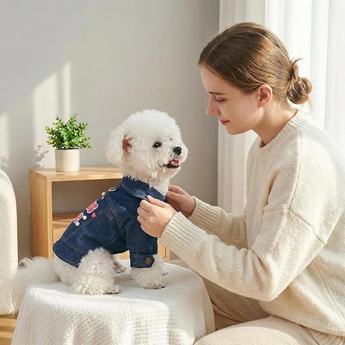 Cute “Kiss Me” Dog Denim Jacket, Fashion Pet Outfit with Pearl Details, Adorable Puppy Clothes for Small Dogs & Cats, Perfect Photo Outfit & Gift(L)