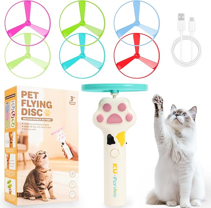Cat Fetch Toy for Yard Chase, Rechargeable Flying Disc Launcher with 6 Flying Discs, Interactive Cat Hunting Toys for Outdoor & Indoor (White)