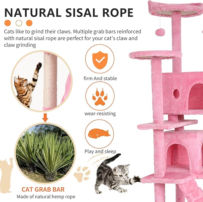 70-inch Pink Multi-Level Cat Tower Kitten Tree & Cat Condo With Plush Padded Perch & Cat Scratching Post, Heavy Duty for Large Cats