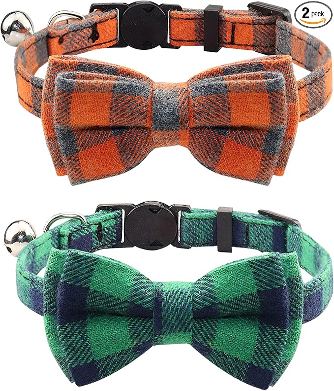 Joytale Upgraded Cat Collar with Bells, Breakaway Cat Collars with Bow Tie, 2 Pack Girl Boy Safety Plaid Kitten Collars, Green+Orange