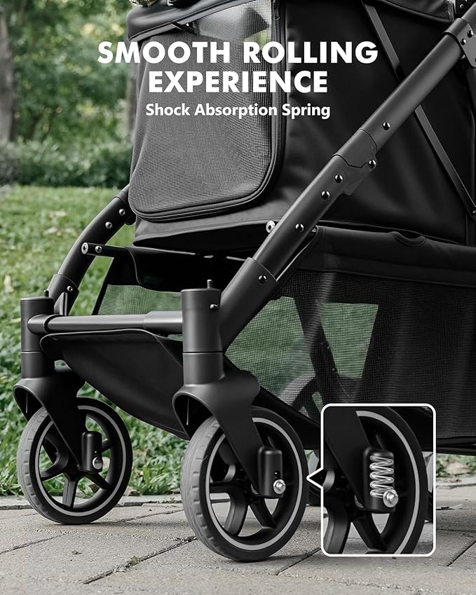 Medium Dog Stroller, Foldable Pet Stroller with Adjustable Handle & No Zip Entry, Storage Basket & Cup Holder, Canopy, Mesh Windows, Ideal for Medium Dogs and Cats Up to 50lbs, Black