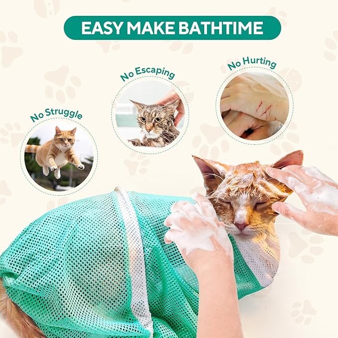 Cat Bag for Bath Adjustable Breathable Mesh Pet Restraint Bag for Bath Nail Trim Medicine and Vet Visits Escape Proof Wash Bag Green