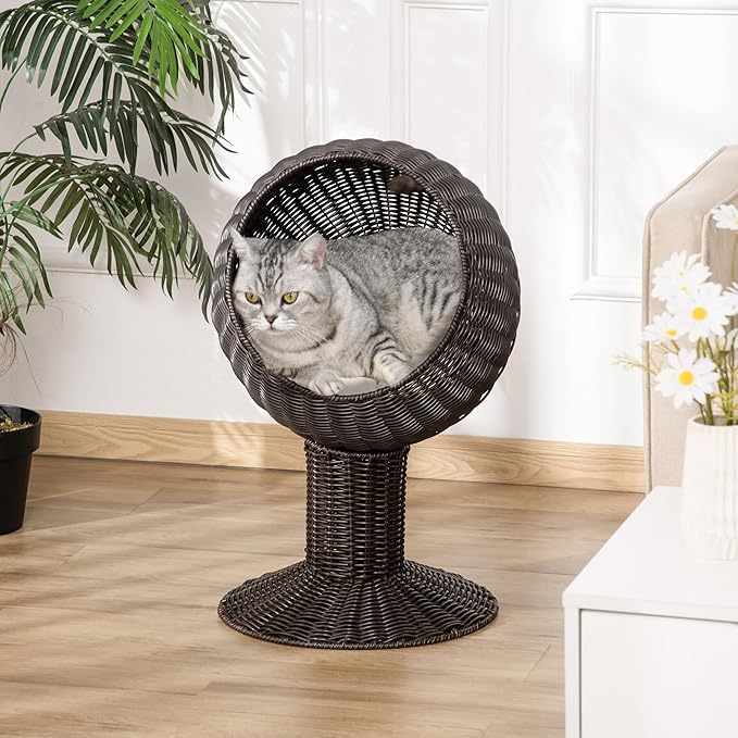 PawHut Elevated Cat Bed with Rotatable Egg Chair Pod, Cat Basket Bed with Thick Cushion, Natural Mat Grass Woven Kitty House, Coffee