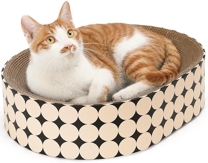 FUKUMARU Cardboard Cat Scratcher Bed, 2-in-1 Oval Cat Scratch Pad, Cats Scratching Board Lounge Bed Indoor, Durable Modern Kitty Scratcher Bowl, Cats Scratch Furniture Protector, Polka Dot