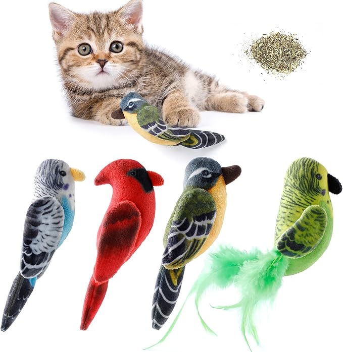 Cat Catnip Toys Interactive Cats 4pcs Kitten Plush Nip Chew Bird Toy with Crinkle Paper Pet Best Treats Stuffed Pillow Cute Teething Play Gifts Soft Kick Sound Supplies for Indoor Kitty