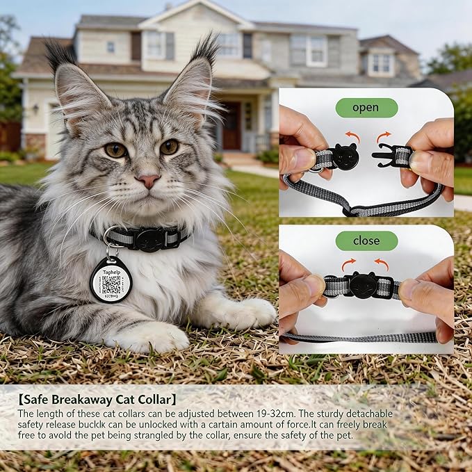Reflective Cat Collar Breakaway with QR Code Tag for Girl Boy cat Name tag Kitten Collars with Bell Cat ID Tag Personalized Real-time scan alerts, No Subscription or fees(Black)