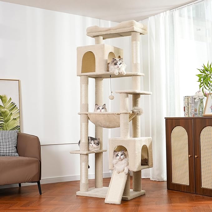 XXL Large Cat Tree Tower 70in Tall Heavy Duty Cat Tree for Maine Coon and Big Cats 20 lbs+,Enlarge Top Bed and Hammock, 2 Oversized Condo House with Scratching Posts-Beige