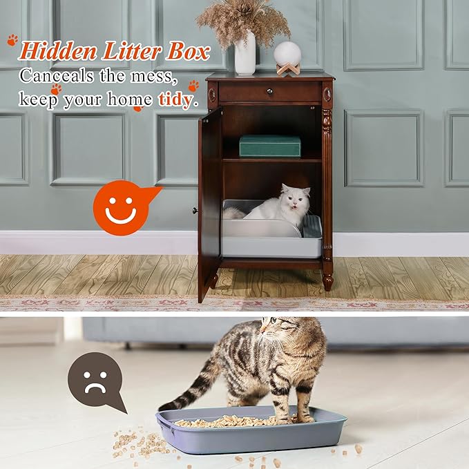 Solid Wood Cat Litter Box Enclosure, Hidden Litter Box Furniture, Wooden Pet House Storage Cabinet, Wooden Floor Cabinet for Hallway, Entryway or Living Room Home Decor, Cherry Walnut