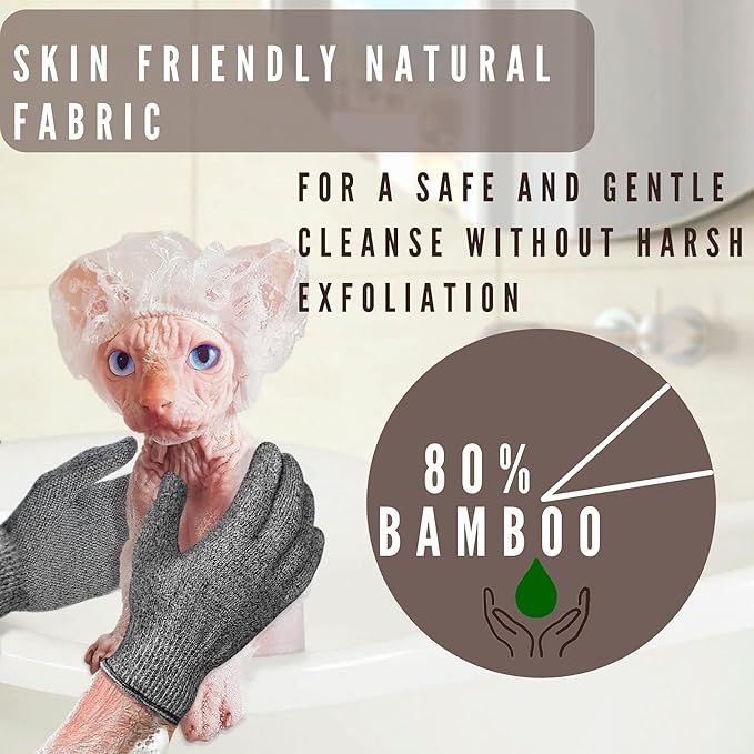 Sphynx Cat Bath Glove, Carbonized Bamboo Charcoal Exfoliating Mitt for Hairless Cats, Gentle Pet Grooming Bath Scrub for Peterbald and Donskoy (1 Pair)
