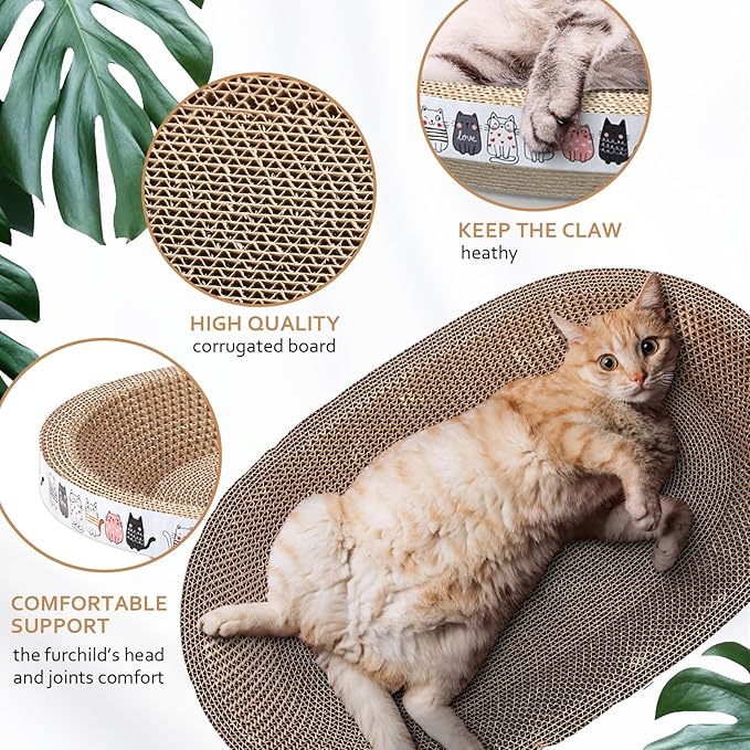 Mixweer 3 Pcs Cat Scratcher Cardboard Large Oval Cat Scratch Pad Board Bed Bowl 2 in 1 Corrugated Lounge Couch Nest for Cats Grinding Claw Furniture Protector Indoor
