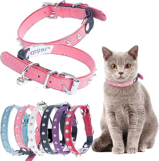 Studded Cat Collar, Genuine Leather Kitten Collar, Sturdy Breakaway Cat Collar with Bell and Elastic Stretch, Cat Accessories, Bubblegum Pink, 10 x 1/2 inches - Angel Pet Supplies