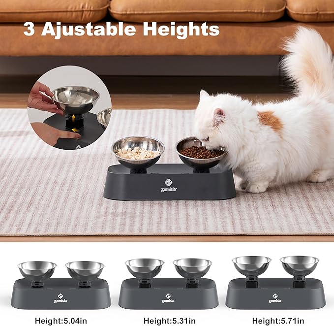 ZOMISIA Raised Cat Food and Water Bowls with 3 Height for Indoor Cats, 15° Tilted in Both Ways Elevated Base Anti Vomiting Cat Dishes, Anti Spill for Puppies