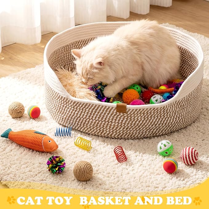 Leitee Sunmmer Cat Bed Storage Basket with 40 Pcs Cat Variety Toys Pack Set Includes Pillows, Spring Toy, Fish, Chew Rope and Balls for Kitten Kitty Swat Hunt Interactive Pet(White,Yellow)