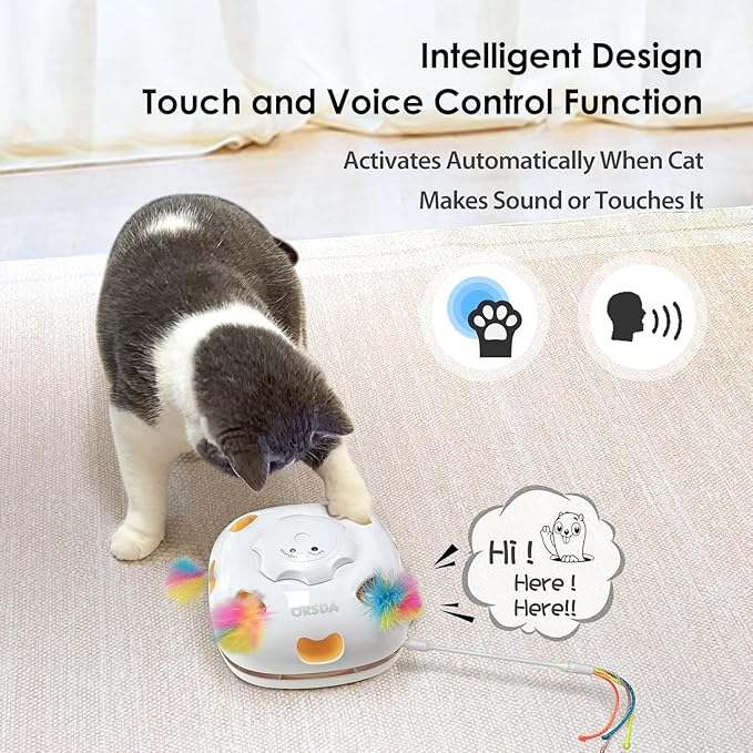 ORSDA Cat Toys for Indoor Cats, 4 in 1 Interactive Automatic Kitten Toys Hide and Seek with Mat, 8 Holes Mice Whack-A-Mole, Moving Wand Teaser Feathers,Rechargeable Electric Exercise Kicker Kitty Toy