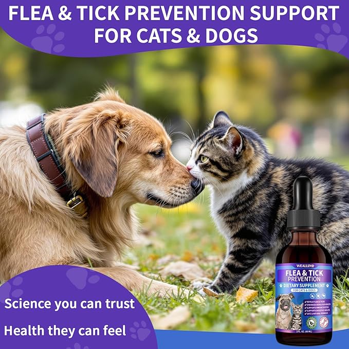 WEALLIN Flea and Tick Prevention for Cats and Dogs Natural Flea Treatment Support Drops with Multivitamin for Pets Oral Natural Supplement Flea and Tick Treatment Drops for All Breeds and Ages