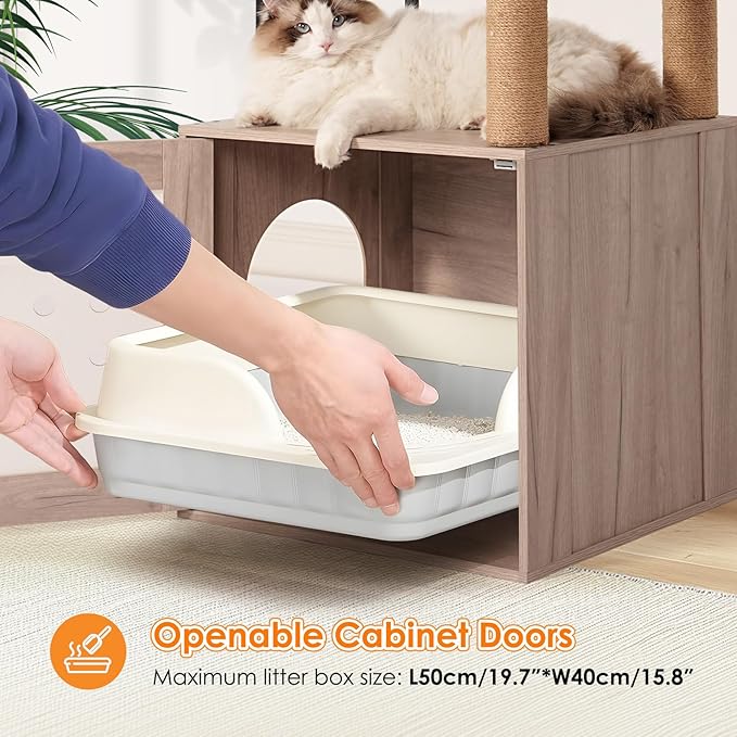 Cat Tree with Litter Box Enclosure - All-in-One Cat Tower for Indoor Cats | Modern Gray&White Pet Furniture w/Large Hammock, Bed, Food Station, Scratching Posts, Magnetic Doors