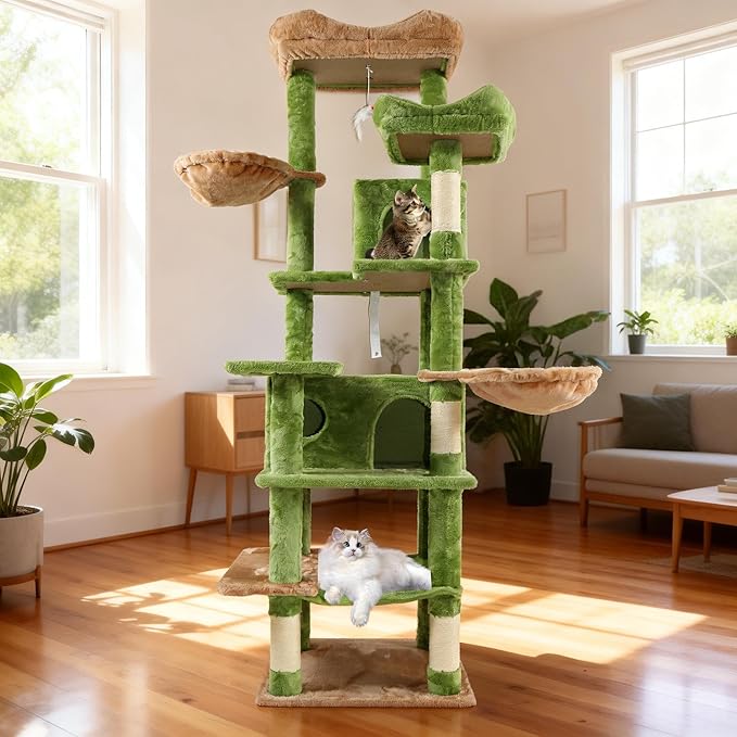 68" Green Cute Cat Tree for Indoor Cats Large Adult, Tall Cat Tower with Scratching Post & Condo, Hammock, Aesthetic Cats Stand, Modern, Easy Assembly (Green, 68" Tall)