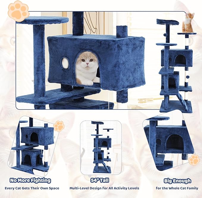 54" Cat Tree for Indoor Cats - Multi-Level Cat Tree Tower with Cat Scratching Post, Perches, Plush Toys & Cozy Hideaways - Cat Tower Makes Perfect Pet Gift - Navy Blue