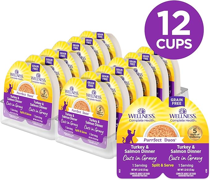 Wellness Complete Health Purrfect Duos Cuts in Gravy Adult Wet Cat Food, Natural, Protein Rich, Grain Free, Turkey and Salmon Dinner Recipe, 2.64 oz, Pack of 12 Split Cups