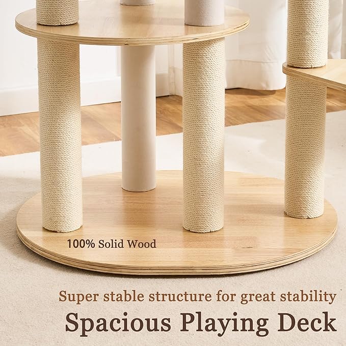Solid Wood Cat Tree Tower with Scratching Post, 61 inch Multi-Level Cat Towers with Large Soft Cloud-Like Bed, Modern Cat Tower with Wood Spacious Condo with Removable Cushion for Indoor Cats