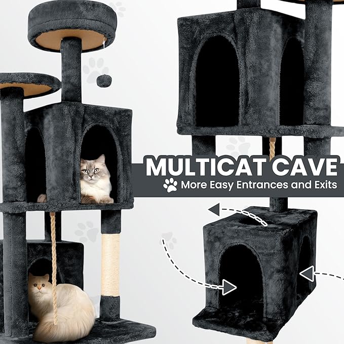 57inch Large Cat Tree Tower Condo for Indoor Cats, Soft Plush Multi-Level Climbing Tree Cat House with Cat Cave, Scratching Post, More Entrance/Exit, Sisal Rope, Grey Black