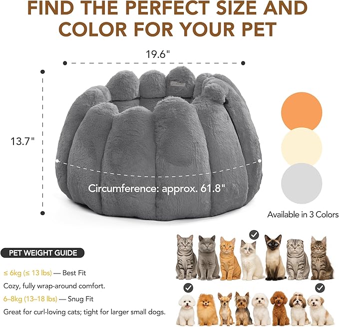 PETNOVO Grey Pumpkin Cat Bed, Plush Donut Cuddler with High Bolster, Non-Slip Cozy Pet Nest for Indoor Cats up to 13 lb and Small Dogs, 20L x 20W x 12H Inch