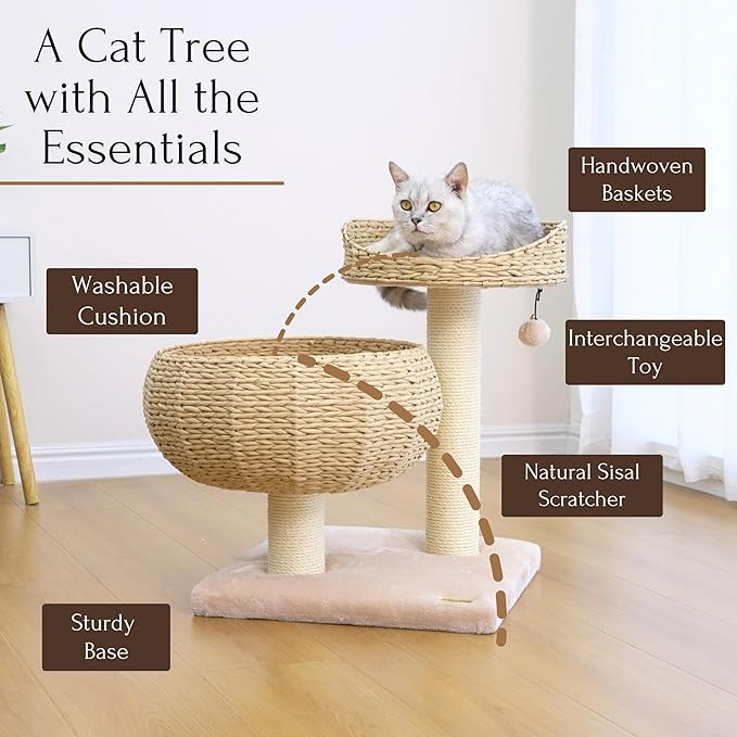 PetPals 23" High Handwoven Recycled Paper Rope Baskets Bed and Perch, Sisal Scratching Post, Playful Teaser Toy, Washable Cushion, for Indoor Cats (Beige)