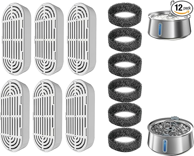 Homtyler 6 Pack Replacement Filters and 6 Pack Replacement Pre-Filter Sponges for 4L/135oz Stainless Steel Pet Water Fountain, Multiple Filtration, Easy to Clean and Replace