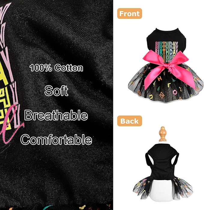 Dog Birthday Outfit: Colorful Alphabet Mesh Dresses, Summer Tutu Princess Pet Puppy Clothing, XS, Black