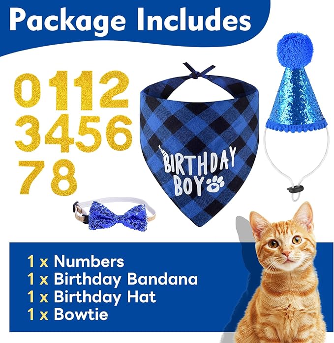 Cat Birthday Party Supplies, Cat Kitten Birthday Bandana Hat Numbers Bowtie for Cats Birthday Party Decorations