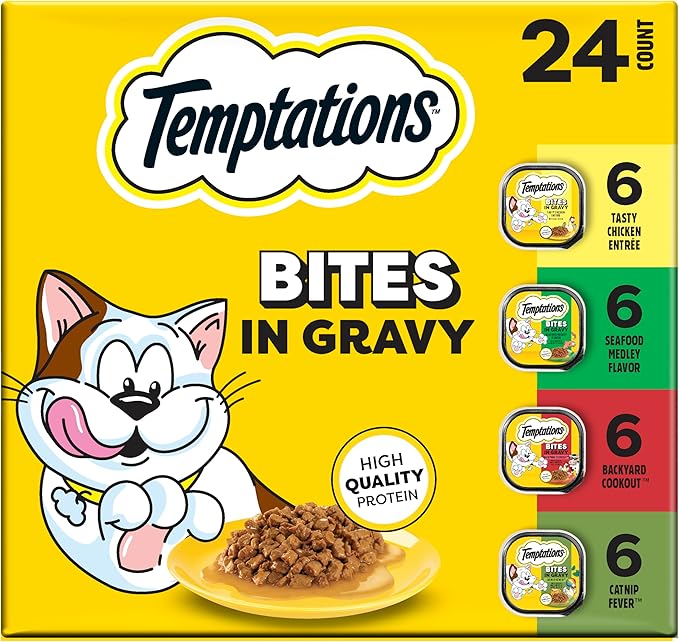 Temptations Bites in Gravy Adult Wet Cat Food Tasty Chicken Entree, Seafood Medley, Backyard Cookout, and Catnip Fever, 3.5 oz. Trays (24 Count, Pack of 1)
