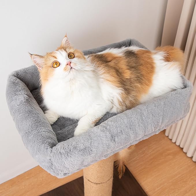 Cat Scratching Post, Retro-Style Tall Cat Scratcher Tower with Removable Gray Fluffy Cusion Perch, Natural Pine & Sisal Cat Scratcher for Indoor Cats, Medium