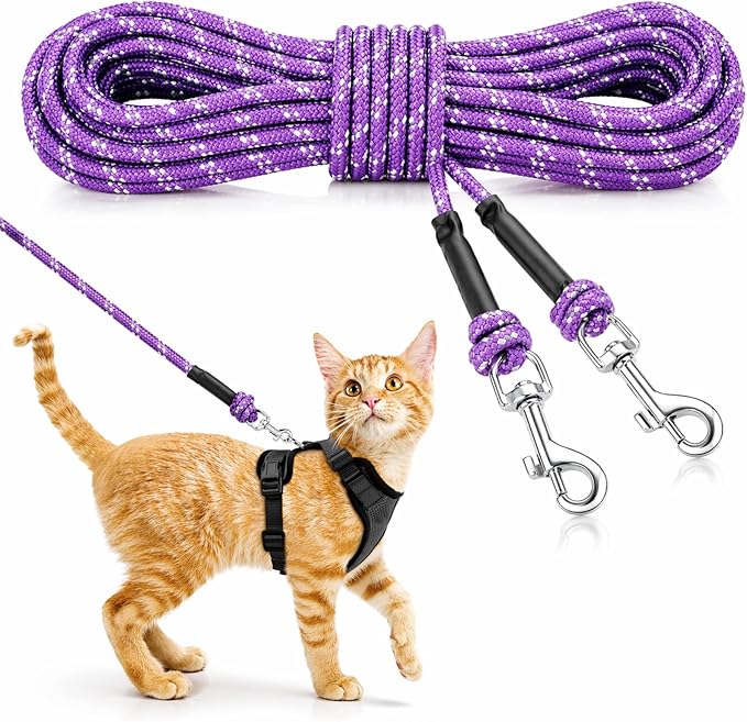 Rypet Reflective Cat Long Leash - 50 FT Escape Proof Walking Leads Yard Long Leash Durable Safe Personalized Extender Lead Traning Play Outdoor for Kitten, Puppy, Rabbit and Small Animals(Purple-L)