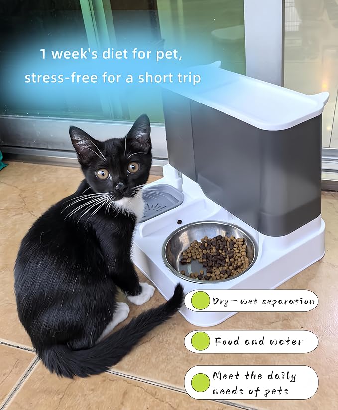 2-in-1 Automatic Pet Feeder and Water Dispenser, Stainless Steel Smart Food Water Bowl for Cats and Dogs, for Home Use (Gray)