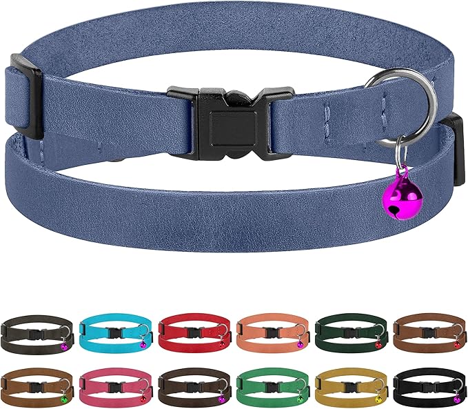 Muromto Breakaway Cat Collar Leather Soft Adjustable Pet Kitten Collars with Bell Pink Brown Blue Green Red (Blue)