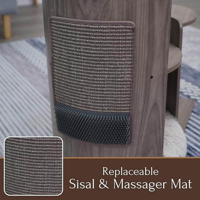 PetPals Modern Design Cat Tower, Wooden Cat Tree with Recycled Paper Rope Scratching Posts, Sisal Mat, Soothing Self Grooming Massager, Removeable Bed (Taupe)