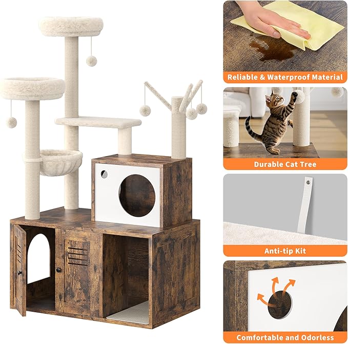TrailBlaze Cat Tree with Litter Box Enclosure, Wooden Cat Condo with Platform, Hammock, Pompoms, Scratching Posts, All-in-One Cat Furniture for Indoor Kitten, 31.5" l x18.9 w x55.1 h(Brown)