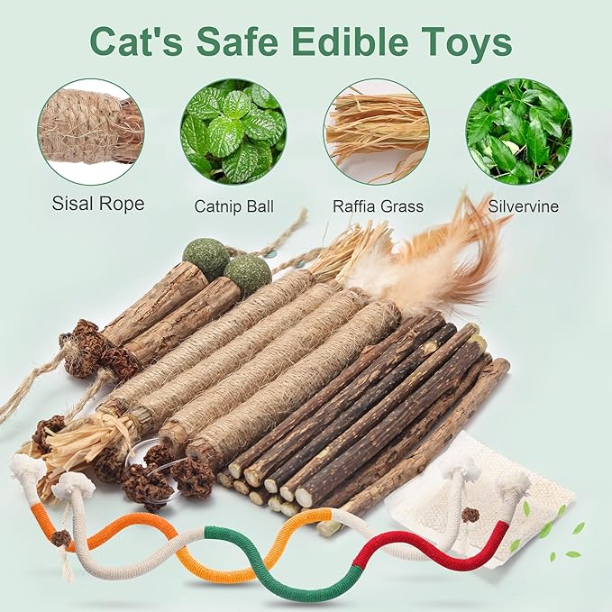 Cat Chew Toys Cat Toys, Silvervine Sticks for Cats Teeth Cleaning Rope, Kitten Teething Dental Care, Kitty for Indoor Cats Increase Appetite, Enhances Oral & Dental Health (20 Pack)