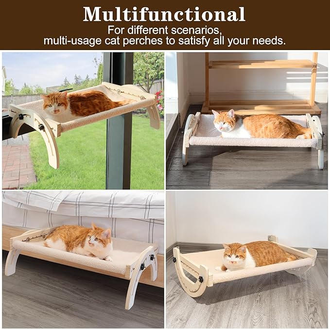 XiaZ Cat Bed Cats Hammock Indoor Cat Bed for Window Wall Shelves Adjustable 50LB Bearing Wooden Frame W/Detachable Washable Cushion Perfect for Bird Watching Sunbathing S 19 * 16 * 8in