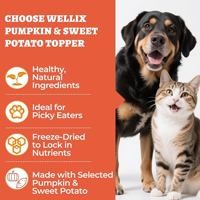 Wellix 7.05 oz Dog & Cat Food Topper - Pumpkin & Sweet Potato Flavor Freeze Dried Chicken Formula Low Calorie - Support Constipation Relief & Gut Health, Boost Immune System