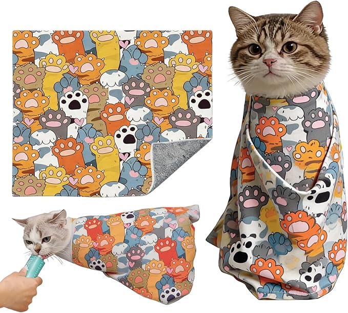 Paw Print Cat Grooming Wrap for Cutting Nails, 27.6" Cat Swaddle for Medicine, Nail Clipping, Teeth Brushing, Ear Cleaning