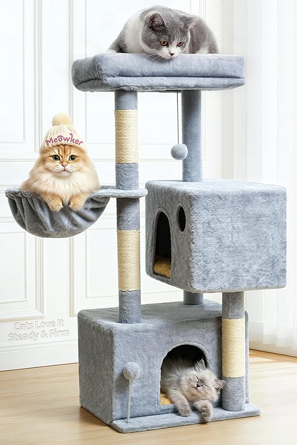 Cat Tree Tower House Condo Small Scratching Post, 40" Corner Kitty Climbing Stand with Hammock for Indoor, Medium Modern Carpet Bed Platform for Kittens, Simple Apartment Cat Furniture