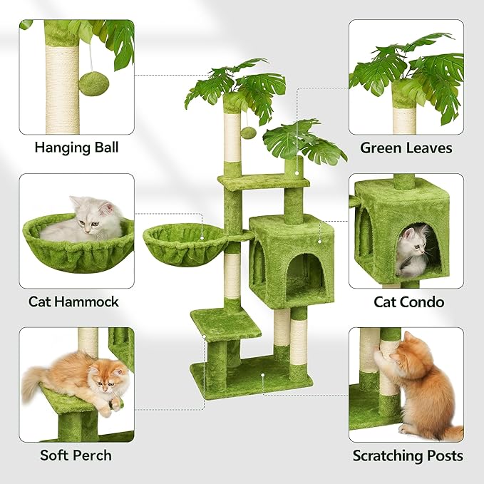 Meecal Green Tall Cat Tree 47-Inch for Kittens Under 6 Months 9lbs, Cat Tower for Small Cats - Scratching Post, Plush Hammock, Double Condos & Dangling Toys