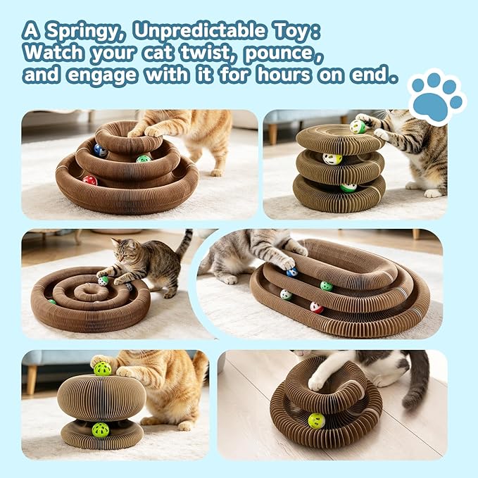 M-Shaped Double Layer Cat Scratcher, Magic Organ Accordion Scratching Board with Bell Ball, Interactive 2-in-1 Corrugated Cardboard Scratch Pad for Indoor Cats & Kittens