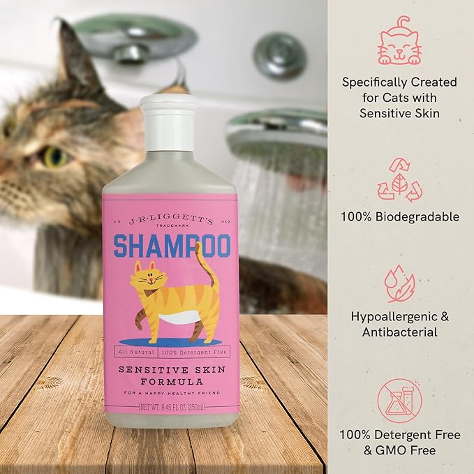 J.R.LIGGETT'S Natural Liquid Cat Shampoo for Sensitive Skin - 100% Detergent Free, Non-GMO, Tear-Free Formula Gently Calms Dry, Itchy Skin - Safe for Kittens and for Regular Use - 8.45 fl oz