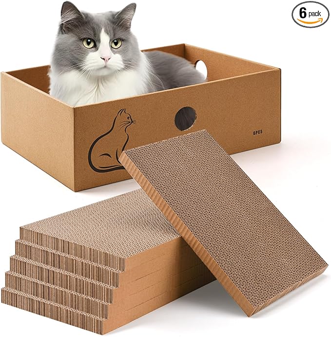 AUSCAT Cat Scratcher Box with 6PCS Cat Scratching Board, Cardboard Cat Scratchers for Indoor Cats, Reversible Cat Scratch Pads for Small Medium Kittens, 14.6" L x 10.9" W x 5.2" H