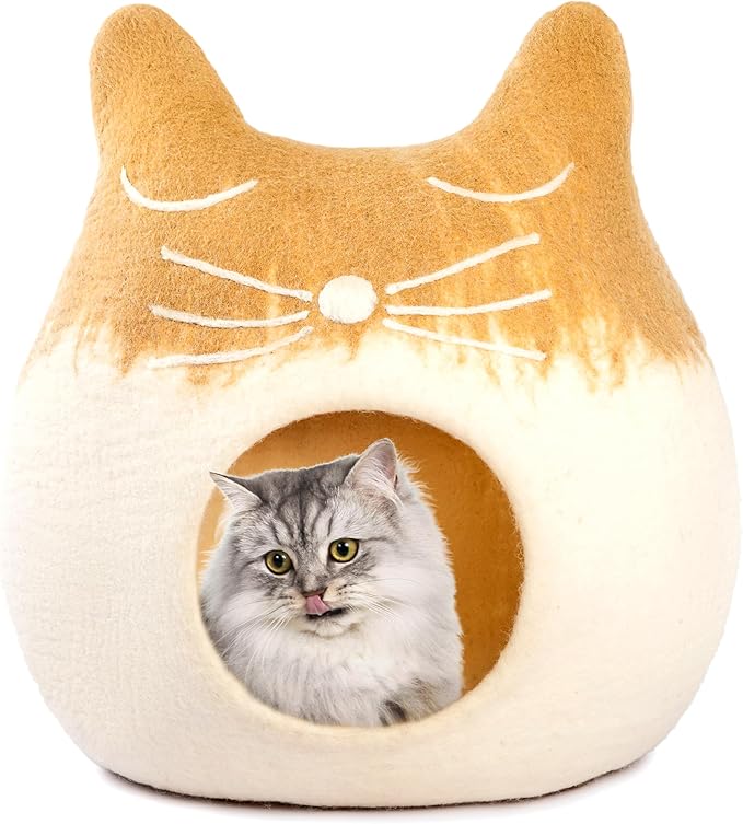 Luxurious Merino Wool Cat Cave - Foldable Hideaway Pod for Indoor Cats - Premium Felt Kitten Pet Enclosure - Covered Cat House for Ultimate Cozy Comfort by Woolygon (Brown Fox)