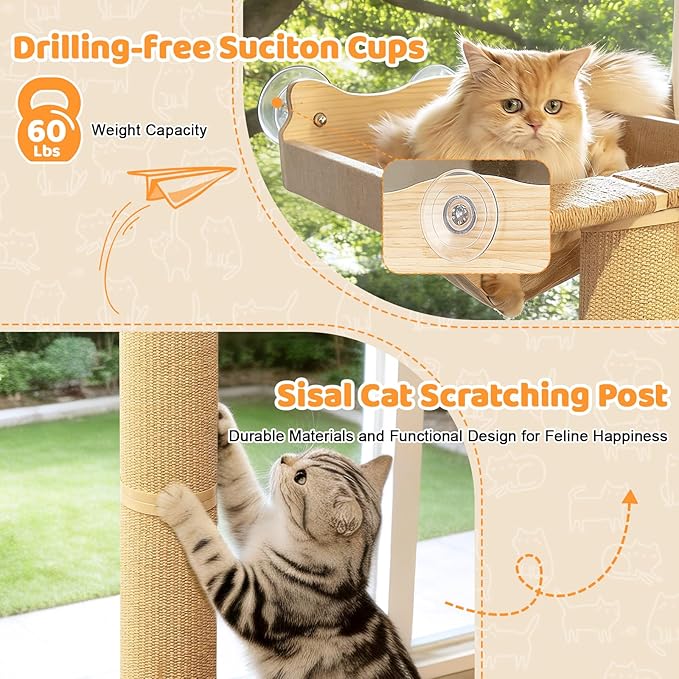 Cat Window Perch Hammock with 3-Piece Detachable Roman Column Sisal Scratching Posts, Drill-Free Suction Cup Mount, Extra Large for Large Cats & Maine Coons, 60 LBS Capacity