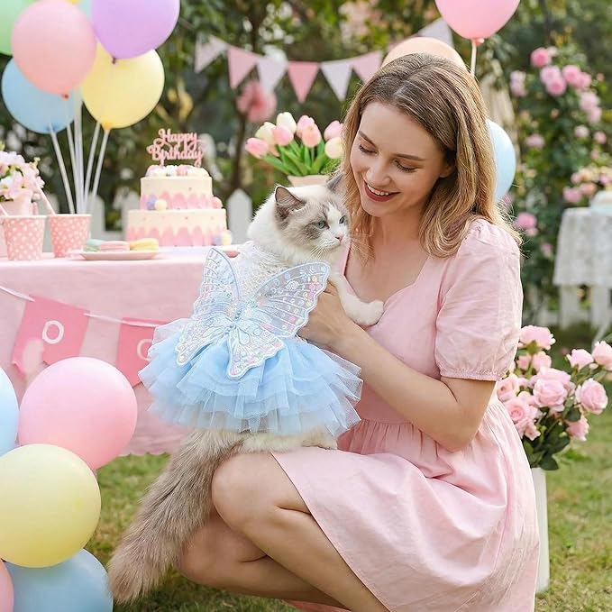 Pet Dog Cat Princess Dress, Fairy Butterfly Tulle Skirt, White Knitted Top with Blue Puffy Bottom, Lace Collar, Embroidered Wings, Puppy Kitten Outfit 4.4-6.6lbs(Light Blue,S)