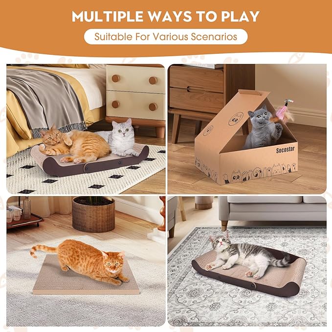 27.6'' Cardboard Cat Scratcher Bed - Extra Large Scratching Couch for Indoor Cats - Lounger Scratch Box with Cat Teaser Wand Toy and Catnip